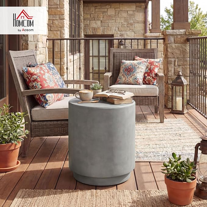 HOMCOM Outdoor Side Table, Round Small End Table with Concrete Finish for Indoor, Patio, Backyard, Pool, Porch, Garden, Lawn, Light Gray - Image 2
