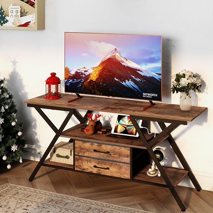 Simoretus TV Stand with Power Outlet and LED Lights, Fits TVs up to 65”, 2 Fabric Drawers Entertainment Center with Open Storage Shelves, Media Console for Living Room, Bedroom (Rustic Brown) - Image 3