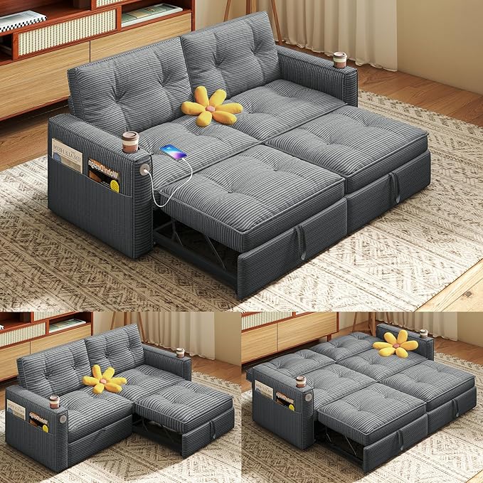 Rovibek 73.2" Convertible Sofa Bed, Pull Out Couch with USB Charging Port & Cup Holders, Adjustable Backrest, Side Pockets, Modern Corduroy Sleeper Sofa for Living Room, Bedroom, Apartment, Grey