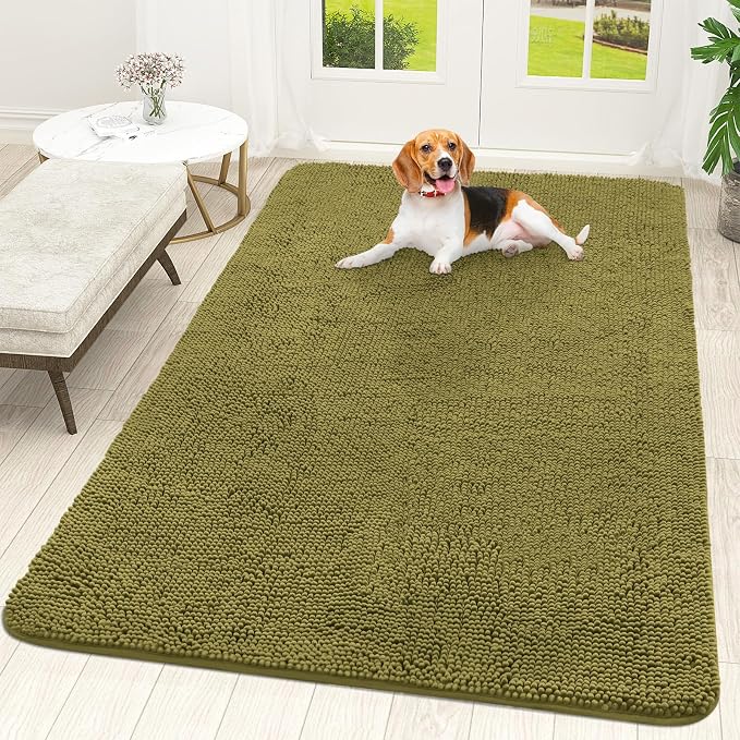 OLANLY Dog Door Mat for Muddy Paws 70x46, Absorbs Moisture and Dirt, Absorbent Non-Slip Washable Doormat, Quick Dry Chenille Mud Mat, Entry Indoor Entryway Carpet for Inside Floor, Willow Green by OLANLY