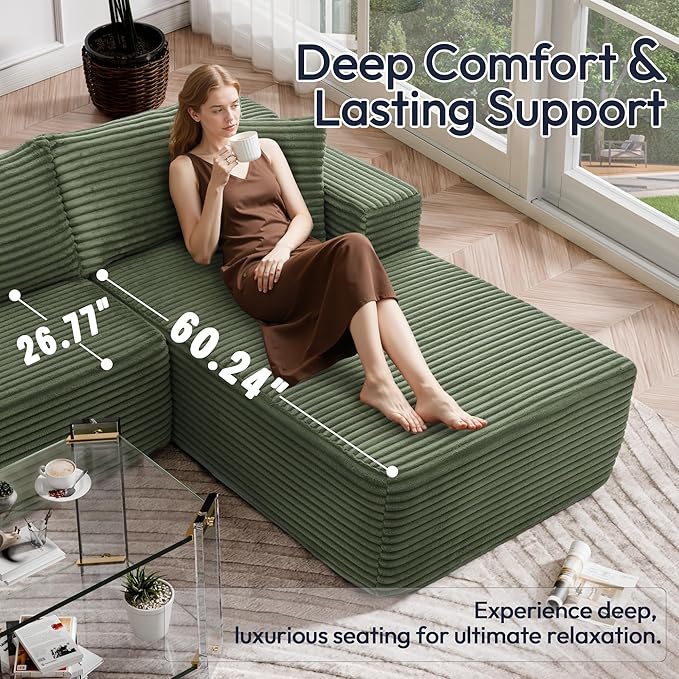 Cloud Sectional Couch, Modular Sectional Sofa with Left Chaise Lounge, Modern Modular L-Shape Sofa with Pillows & Deep Seat, Boneless Couches for Living Room Bedroom, Green