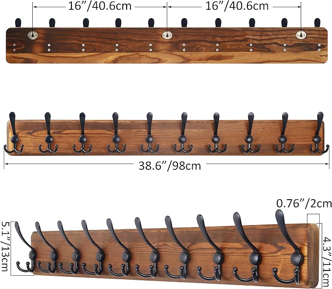 SKOLOO Rustic Large Wall Mounted Coat Rack-38.6'' Long Coat Rack for Wall, Pine Solid Wood Coat Rack Hook, Farmhouse Coat Hanger Wall Mount for Hanging Jacket Coat Hat, Pack of 2 - Image 6