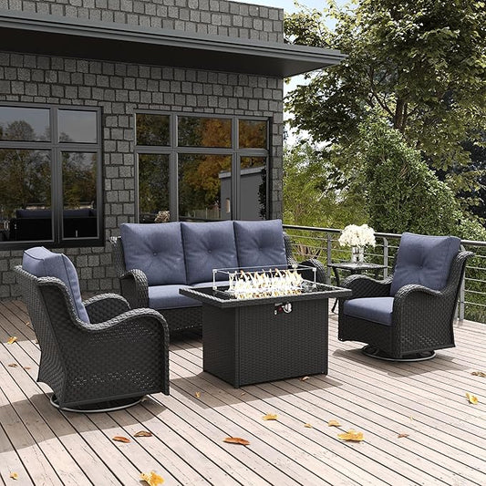 LayinSun 5 Pieces Outdoor Patio Furniture Set with Fire Pit Table, Rattan Wicker Sectional Swivel Rocker Chairs Sets with Swivel Glider Chair and Coffee Table