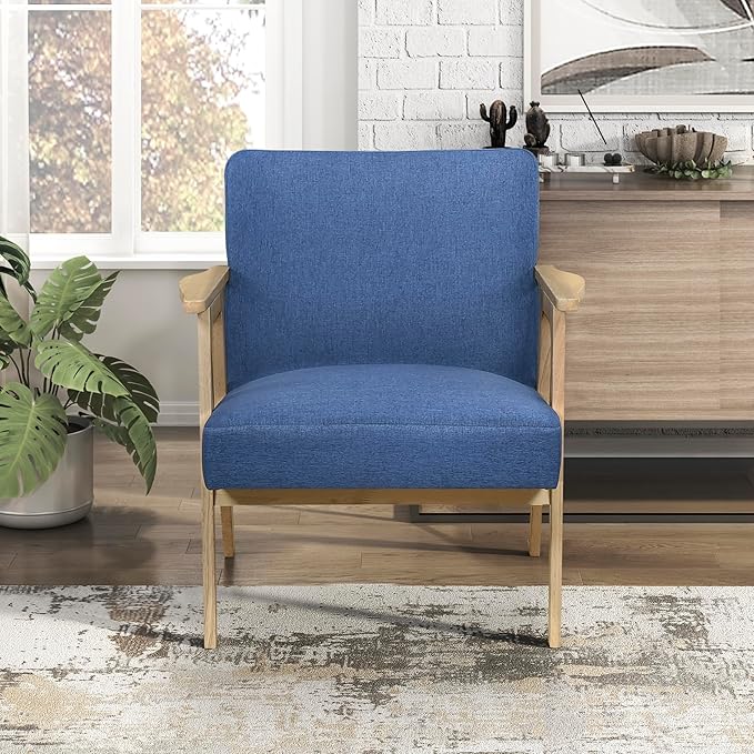 Lexicon Mid Century Modern Accent Chair, Upholstered Lounge Armchair, Single Sofa Seat, Natural Finish Solid Wood Framed Comfy Side Chairs for Living Room/Bedroom/Office/Waiting Area, Blue