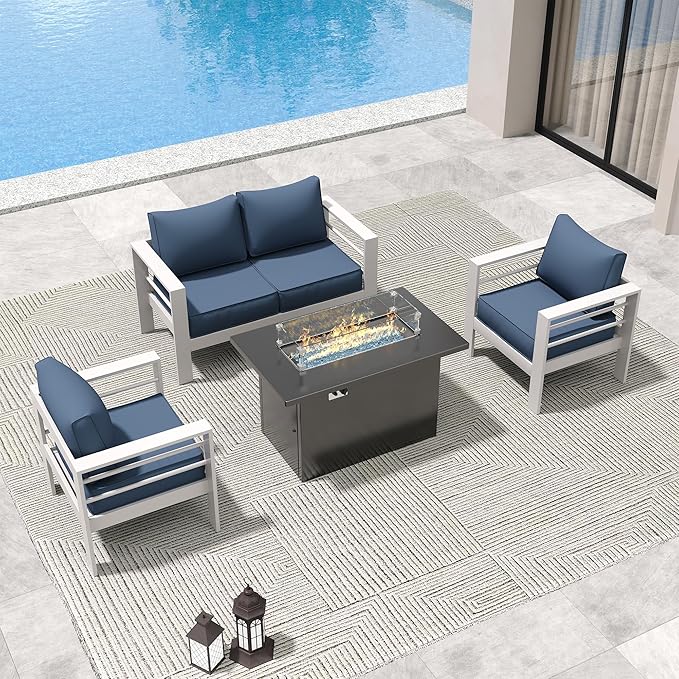 Amopatio Patio Furniture with Fire Pit, 5 Pcs Aluminum Outdoor Sectional Metal Patio Sofa Set with Aluminum Fire Pit Table for Backyard,White&Blue(Included Waterproof Covers)