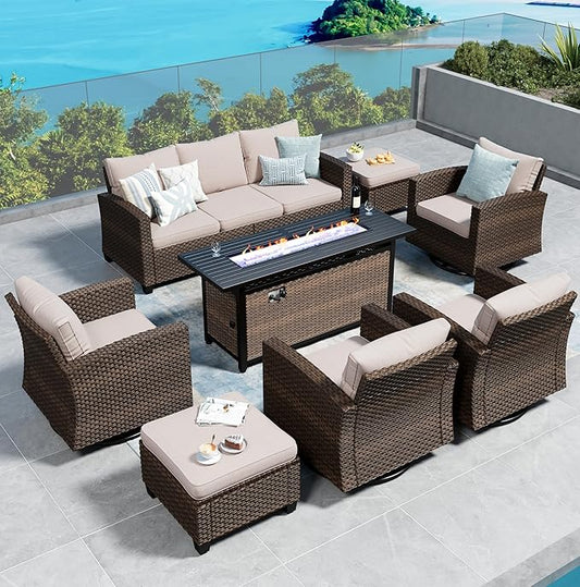 Swivel Glider Patio Furniture Set Outdoor Furniture Brown Wicker Rattan Patio Conversation Sets with Cushion Outside Sofa Set,7 Pieces with Rectangular Firepit Table,9 Seats,Beige