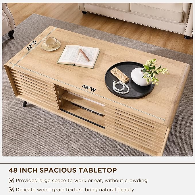 OKD Lift Top Coffee Table w/Sliding Slatted Door, 48" Mid Century Modern Wood Center Table w/Hidden Storage Compartment & Adjustable Shelf, Lift Tabletop Dining Table for Living Room (Natural Oak)