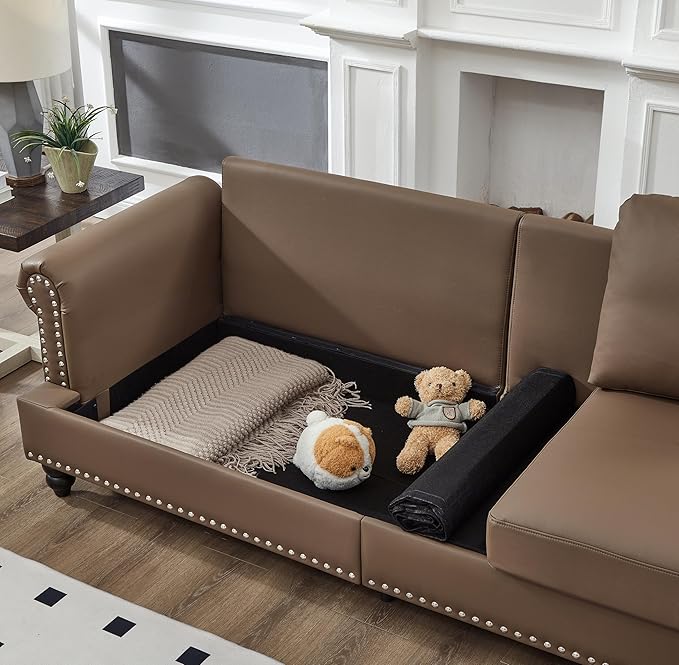 2 Pieses Living Room Sofa Sets Faux Leather Couch and Loveseat with Nailhead Decor, Soild Wood Legs, Rolled Armrests & Storage ,2PCS Sofas 3 Seaters Couch and Love Seat for Living Room Furniture Sets
