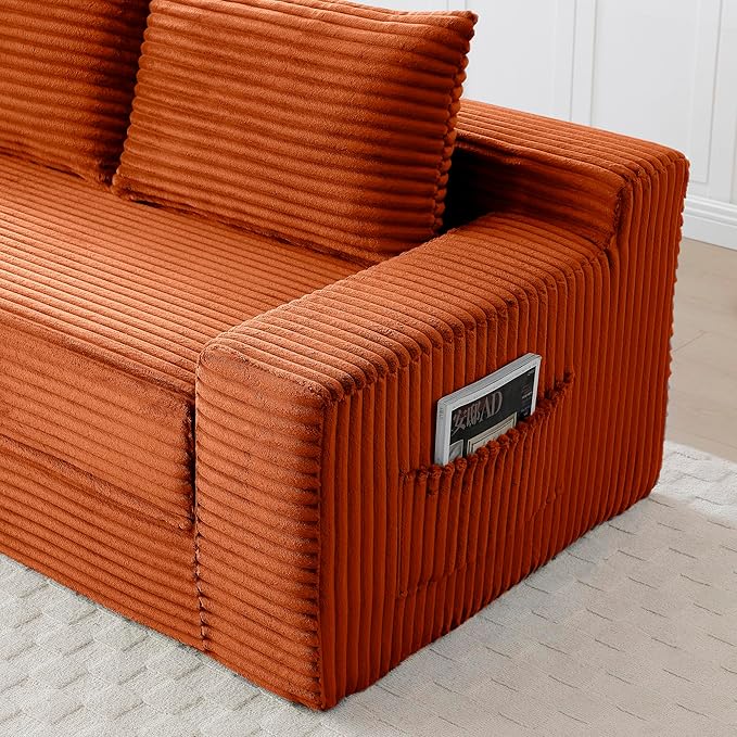 73" Convertible Sofa Bed, 2 in 1 Corduroy Folding Couch with Pillows, No Assembly Boneless Compression Sofa in Box, Loveseat with Side Storage Pocket for Apartment, Living Room, Orange