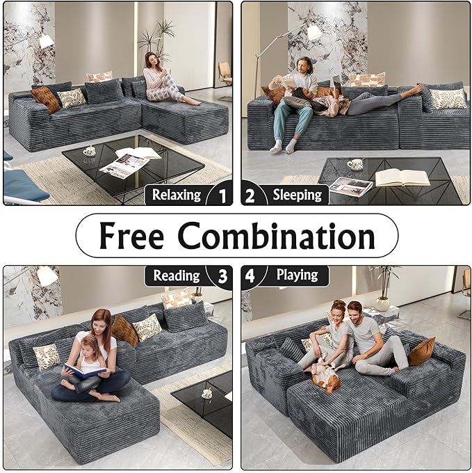 Grey sectional couches for Living Room-Corduroy Couch，104" Cloud Sectional Couch with L-Shape Chaise， Modern Modular Sofa, Deep Seat Comfort, No Assembly Required(Plush Corduroy Fabric)