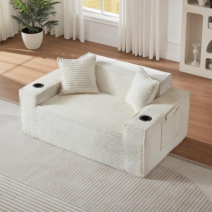 Cloud Loveseat Boneless Sofa Couch in a Box with Cupholders, Modern Corduroy Compressed Sofa for Living Room, 2 Seater High-Density Foam Couch with Pillows, No Assembly Required