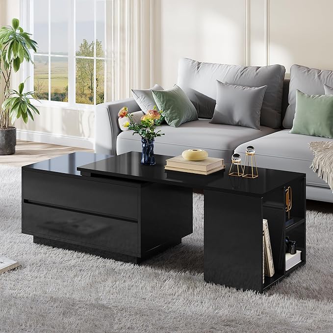 YITAHOME LED Coffee Table with Storage 4 Drawers, Modern Coffee Tables for Living Room, Wooden Rectangle Extendable Center Table with Open Shelves & Sliding Tabletop 35"- 61" for Home Office, Black