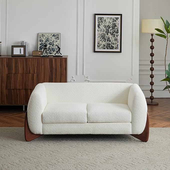 Merax 63 Inch Modern Boucle Upholstered 2-Seater Sofa, Chenille Fabric Loveseat with Solid Wood Legs, Low Profile Small Couch for Living Room, Beige