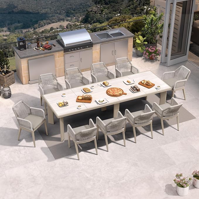 PURPLE LEAF 11 Pieces Patio Dining Set Aluminum Modern Rectangular Table and Rattan Arm Chairs with Cushions for Kitchen Porch Garden Outdoor Furniture Sets, Champagne - Image 2