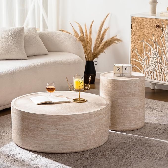 Round Coffee Table in Faux Marble, 31.5" W × 12" H Stone Coffee Tables for Living Room, Modern Drum Center MDF Vintage Design Low, Office, Apartment No Assembly Required Beige Mars