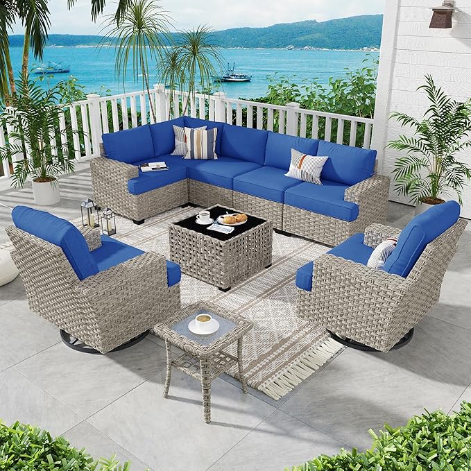 ovios 9 Piece Patio Sectional Furniture with Swivel Rocking Chairs, Rattan Wicker Coversation Set with Glowing Coffee Table, Outdoor Sofa Set for Outside Porch Balcony Backyard Pool,Navy Blue