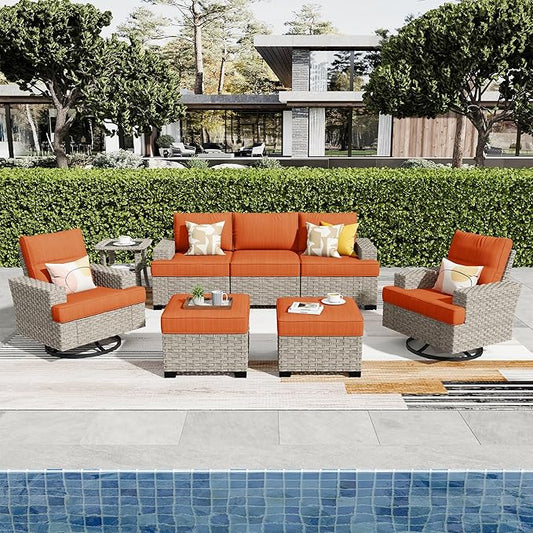 ovios 8 Piece Patio Sectional Furniture with Swivel Rocking Chairs, Rattan Wicker Coversation Set with Glowing Coffee Table, Outdoor Sofa Set for Outside Porch Balcony Backyard Pool,Orange
