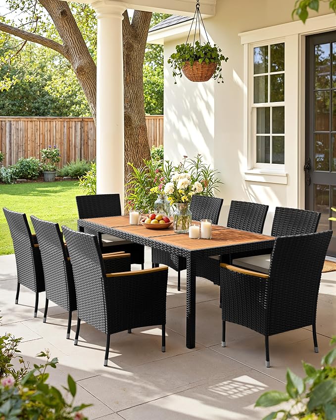 Flamaker 9 Piece Patio Dining Set Outdoor Acacia Wood Table and Chairs with Soft Cushions Wicker Patio Furniture for Deck, Backyard, Garden - Image 2
