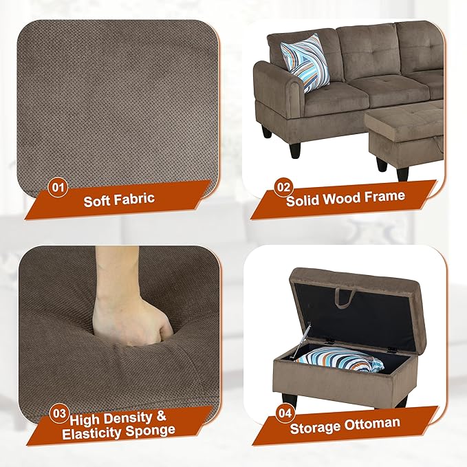 L Shaped Couch Sectional Couch Upholstered Velvet 3 Pieces Sofas for Living Room with Chaise, Ottoman with Storage for Office and Small Apartment, Brown Pineapple
