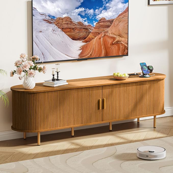 DHH 70.8 Inch Mid Century Modern TV Stand with Power Outlet for TVs up to 80 Inch, Entertainment Center with Storage and Adjustable Shelves, Media Console with Sliding Doors for Living Room(Yellow) by DHHFurnitureBuyNow