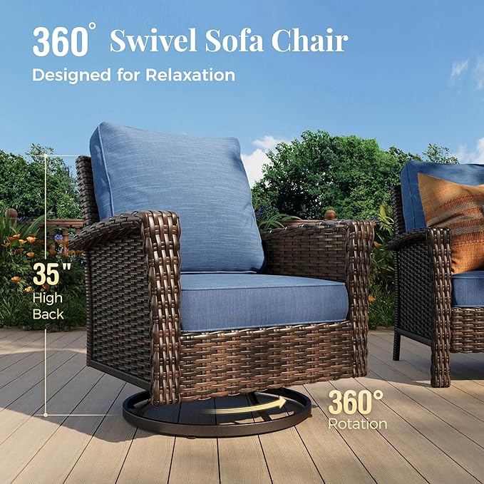 Outdoor Patio Furniture Set, 5 Pics Wicker Rattan Sectional Sofa Patio Conversation Set with Fire Pit Table & Ottoman & Swivel Chair, High Back 3 Seater Sofa with 5.5'' Thick Cusions, Navy Blue