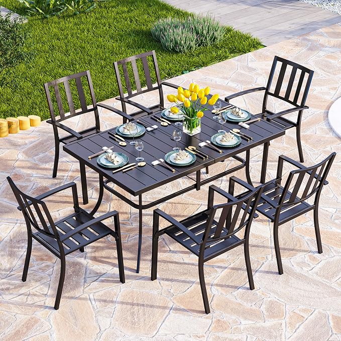 PHI VILLA 6-Person Outdoor Metal Steel Slat Dining Rectangle Table with Adjustable Umbrella Hole, Weather-Resistant for Patio Outdoor Use, Black - Image 2