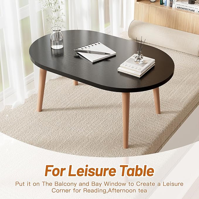 Coffee Table Low Table with Solid Wood Legs, Small Oval Coffee Table Side Table, Floor Table Desk for Sitting on The Floor, Storage and Living Room Furniture for Office Apartment Home, Black