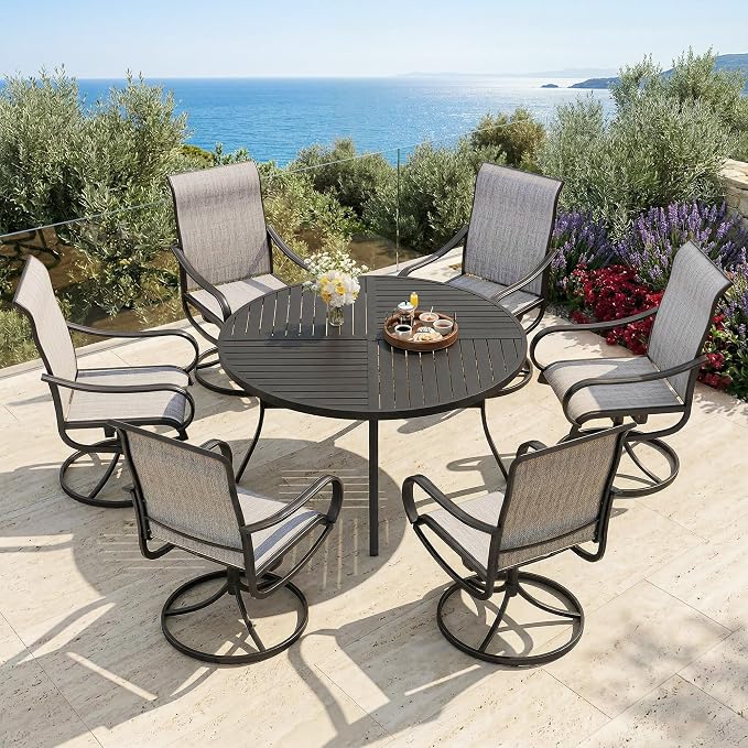 PHI VILLA 7 Piece Outdoor Patio Dining Set with 6 Swivel Dining Chairs & 1 Large Round Dining Table, Gray Textilene Mesh Fabric Chair and 54" Metal Table for All Weather by PHIVILLA
