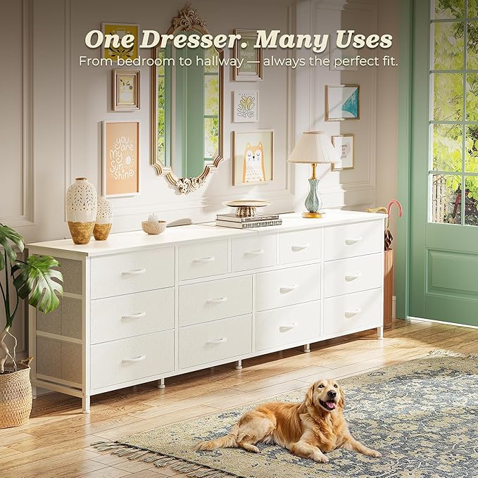 Huuger 70 Inch White Dresser for Bedroom, TV Stand for 65, 75, 80 Inch TV, 13 Fabric Drawer Long Dresser, Wide Chest of Drawer, Storage Units for Bedroom - Image 5