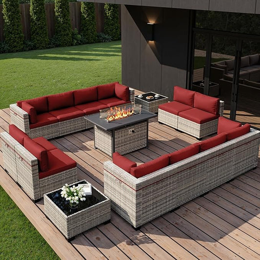 15-Piece Outdoor Patio Furniture Set with 55,000 BTU Fire Pit Table, PE Wicker Rattan Sectional Sofa Conversation Set - All-Weather Garden, Backyard Furniture, Red