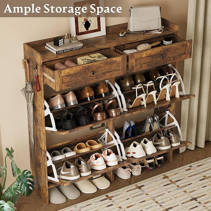 BORNOON Shoe Storage Cabinet for Entryway, Farmhouse Wide Shoe Cabinet with 4 Flip Drawers and 2 Top Drawers, Freestanding Organizer with Adjustable Shelves, Hooks, and Anti-Tip Kit for Hallway - Image 3