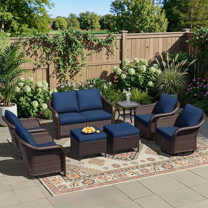 8 Piece Patio Wicker Conversation Set, All-Weather Use Outdoor Wicker Loveseat with 2 PE Rattan Ottomans,2 Chair, 2 Swivel Chair, 1 Side Table, Ideal for Porch, Backyard, Balcony, Poolside, Blue