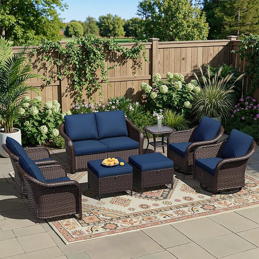 8 Piece Patio Wicker Conversation Set, All-Weather Use Outdoor Wicker Loveseat with 2 PE Rattan Ottomans,2 Chair, 2 Swivel Chair, 1 Side Table, Ideal for Porch, Backyard, Balcony, Poolside, Blue