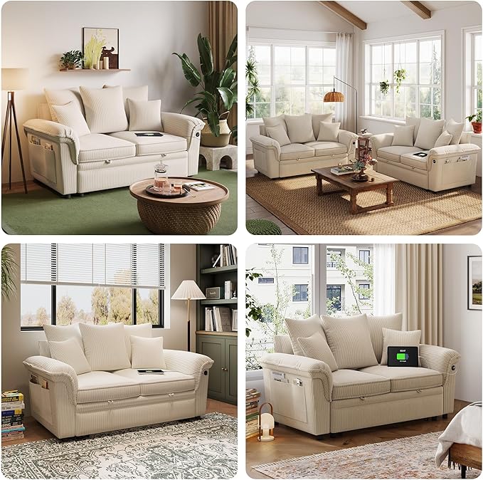 LINSY HOME Sectional Loveseat Sofa with Pull Out Chaise (Beige, 62.5'') | USB Charging, Pillow-style Armrest, Multiple Cushions, Side Storage Pockets, Corduroy Fabric