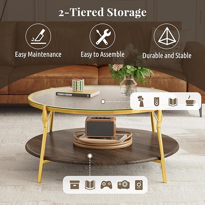 Modern Round Walnut 2-Tiered Coffee Table with Glass Top and Gold Base for Living Room, 29.9"