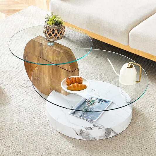 42" Glass Coffee Table, Round Coffee Table, 2-Tier Tempered Glass Tabletop with White and Wood Base, Modern Center Table for Living Room, Home, Apartment, Ideal for Small Space