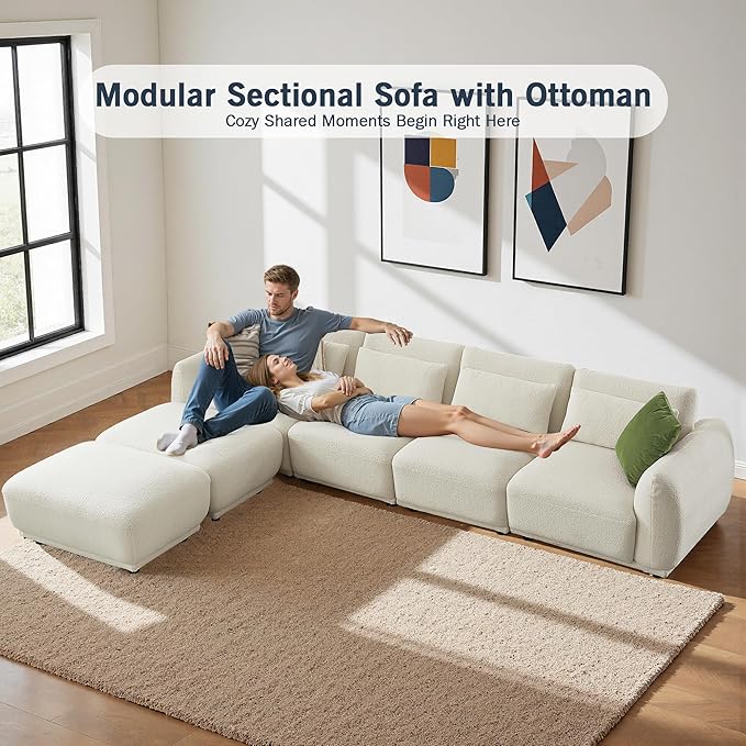 Sectional Sofa Couch, Modern U Shaped Sectional Couch with Ottoman, Modular Sectional Sofa Cloud Couches for Living Room (Beige, 4 Set + 2 Ottoman)