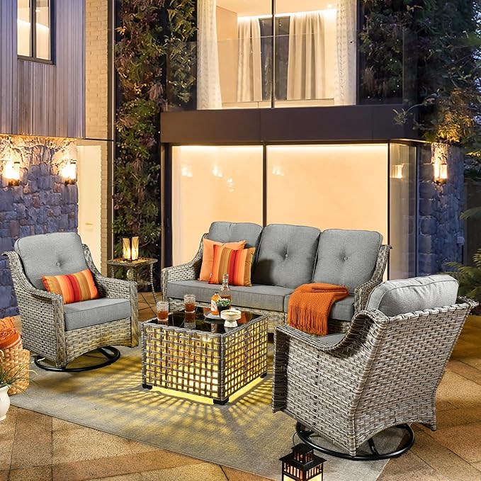 HOOOWOOO 5 Piece Patio Furniture Conversation Sets with Swivel Rocking Chairs,Outdoor Wicker Furniture with LED Tablet,All Weather Resistant High Back Rattan Conversational Set(Dark Grey Gray)