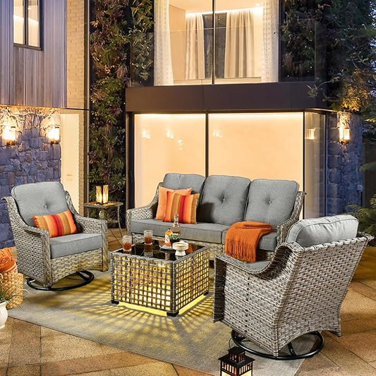 HOOOWOOO 5 Piece Patio Furniture Conversation Sets with Swivel Rocking Chairs,Outdoor Wicker Furniture with LED Tablet,All Weather Resistant High Back Rattan Conversational Set(Dark Grey Gray)