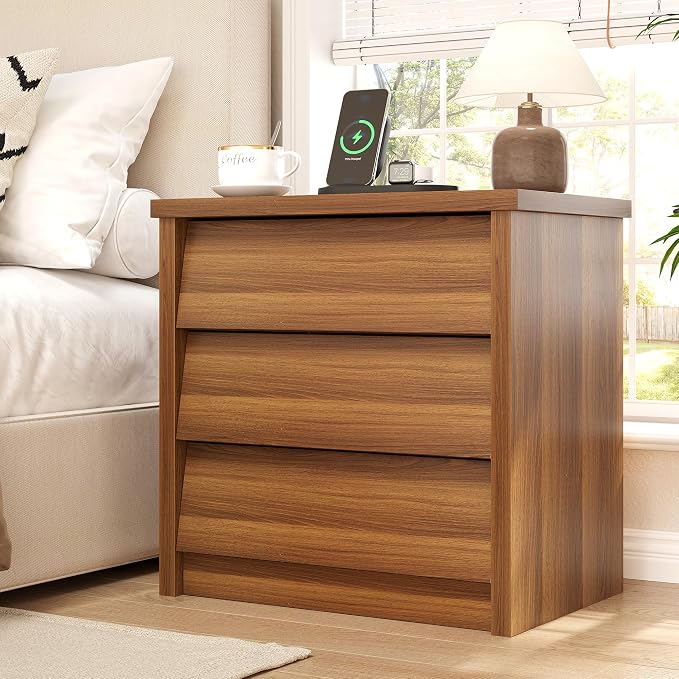23" Wide Nightstand with Charger Station, Modern Night Stand with 3 Drawers, Wood End Table with USB Ports and Outlets, Storage Bedsides Table for Bedroom, Hallway (Walnut) - Image 4