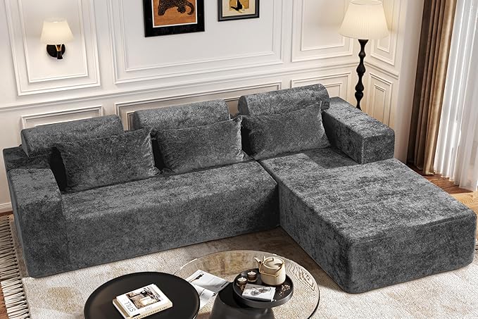 Homguava Modular Sectional Couches for Living Room,105" Cloud Couch with L-Shape Chaise,Comfy Sofa Living Room Couch with Deep Seat,No Assembly L Couch,Luxury Distressed Velvet(Grey,R)