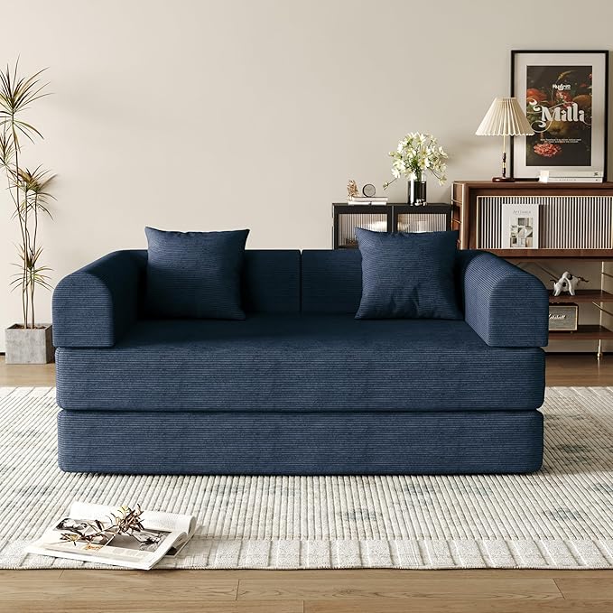 59'' Convertible Compressed Corduroy Folding Sofa Bed, Modern Boneless Pull Out Loveseat Sleeper in a Box, 4 in 1 Floor Mattress Futon Cloud Couch, No Assembly Needed, Navy Blue, 2 Pillows, Queen