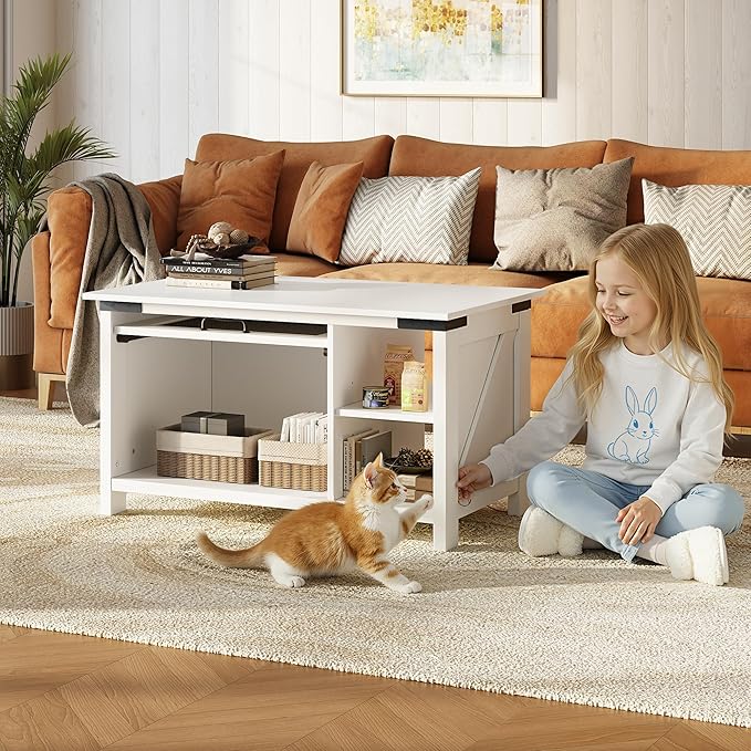 WLIVE Coffee Table with Storage, Modern Coffee Table with Flip-up Door, 2-in-1 Center Table Cat House Furniture for Living Room, Home, White