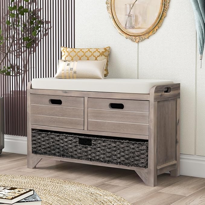 SOFTSEA Storage Bench for Entryway, Upholstered Storage Ottoman with Removable Basket and 2 Drawers, Farmhouse Shoe Bench with Seat Cushion for Entryway, Living Room, Full Assembled, White Wash by SOFTSEA