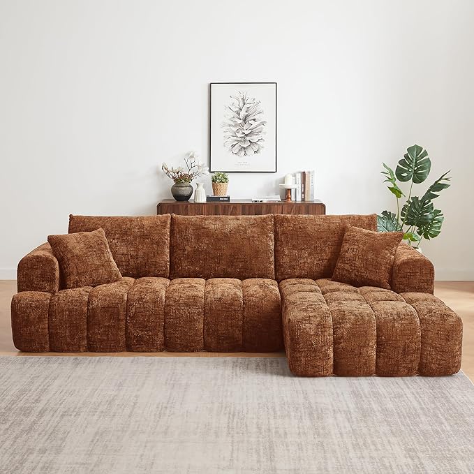 Tufted Chenille Cloud Modular Sectional Sofa,Oversized 2-Piece Right Facing Boneless Couch with Chaise Lounge, L-Shape Floor Lounge Sofa with 2 Throw Pillows for Living Room, No Assembly Required