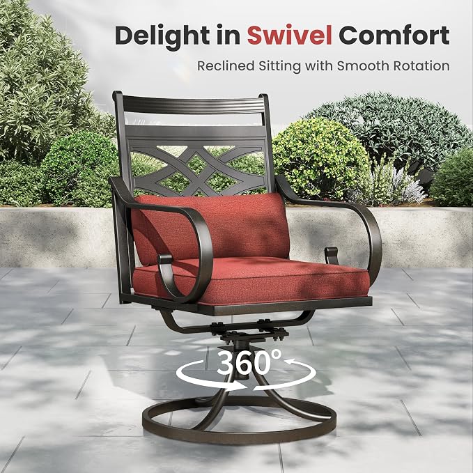 PHI VILLA 7 Pieces Outdoor Dining Set for 6, 54" Round Black Metal Table with Umbrella Hole & Wrought Iron Swivel Chairs, Large Outside Furniture with Red Cushions & Pillows for Patio, Deck, Porch - Image 4