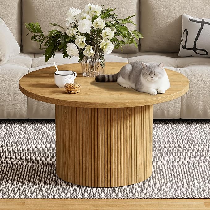 Round Coffee Table, 35.4" Circle Wide Coffee Table, Wood Table and Center Table for Living Room, Natural