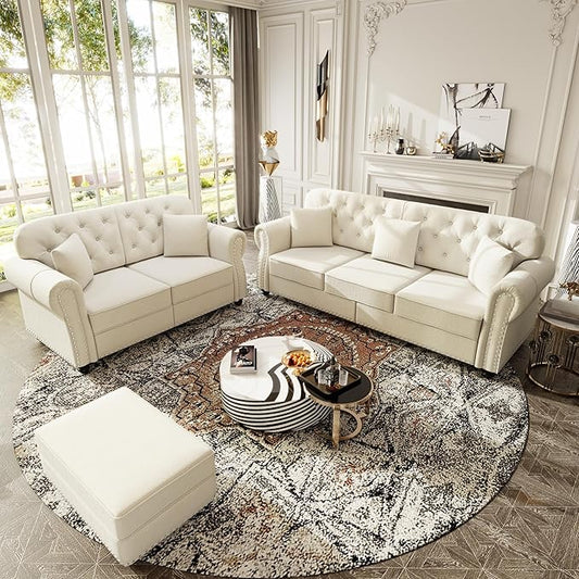 KEIKI 2-Piece Chesterfield Sofa Set with 1 Velvet 3-Seater Sofa & 1 Loveseat Sofa, Upholstered 5-Seater Couch Set with Nailhead Trim & Rolled Arms & 1 Ottoman & 5 Pillow, for Living Room, White