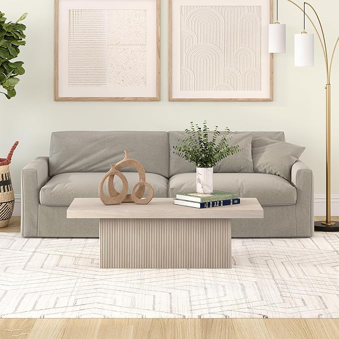 Henn&Hart 48" Fluted Low-Profile Rectangular Coffee Table with Ribbed Base for Living Room, Family Room, or Office, Beech White