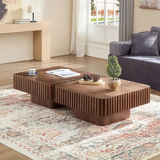 31.5" Square Coffee Table 2 Piece, Wooden Center Tea Table Accent End Table Set of 2 for Living Room Apartment, with Sturdy Curved Base & Solid Wood Fluted Side, Walnut